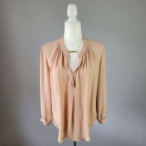 OLIVACEOUS // nude pink plunge ruched & gathered ls relaxed flat collar top